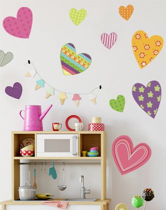 фото наклейка яркие сердечки, разноцветные яркие сердечки для оформления стен