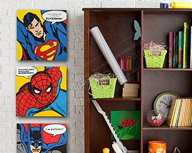 картины в детскую для декора интерьера комнаты мальчика "Супергерои" с персонажами Халка, Человека-паука, Супемена и Бетменом