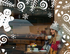 фото наклейки новогодние на окна, фото новогодний декор кофейни, фото новогодний декор витрины кафе купить
