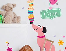 наклейка на стену собака с пирожеными фото, наклейка на стену в детскую комнату розовая собака фото