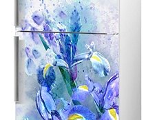 виниловая наклейка на холодильник ирисы фото, наклейка на холодильник с цветами ирисы фото, наклейка на холодильник в синих цветах фото