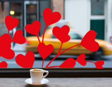 Украсить витрину кафе на День святого валентина фото, фото оформление витрины, украсить ресторан на день святого валентина фото, наклейки на окна к 14 февраля фото