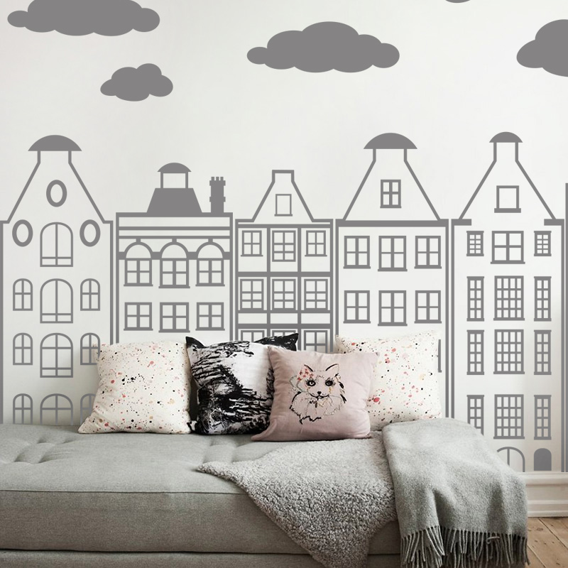 вінілова наклейка на стіни з будинками фото, фото наклейка на стіни Амстердам, наклейка на стіну будинок фото, наклейка місто фото