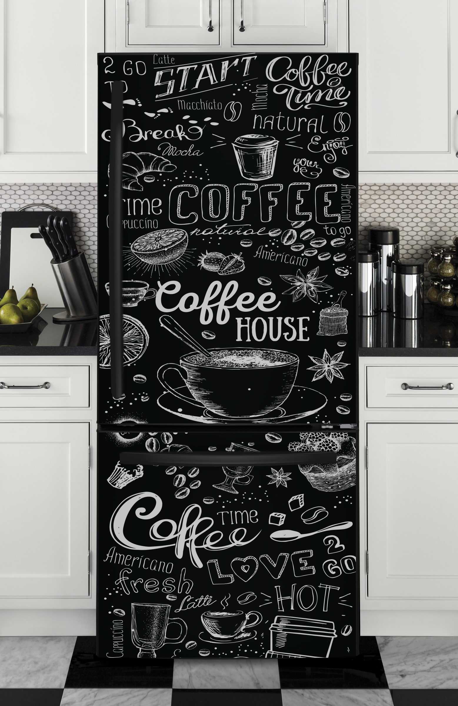 вінілова наклейка на холодильник кава фото, наклейка на холодильник крейда фото, наклейка на холодильник чорна кава фото