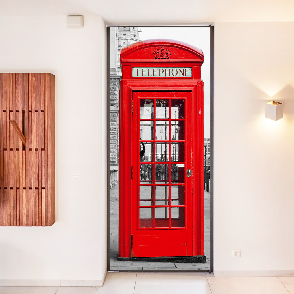 лондонская телефонная будка наклейка фото, английская телефонная будка наклейка на дверь фото, оформление кабинета английского своими руками фото, красная телефонная будка фото