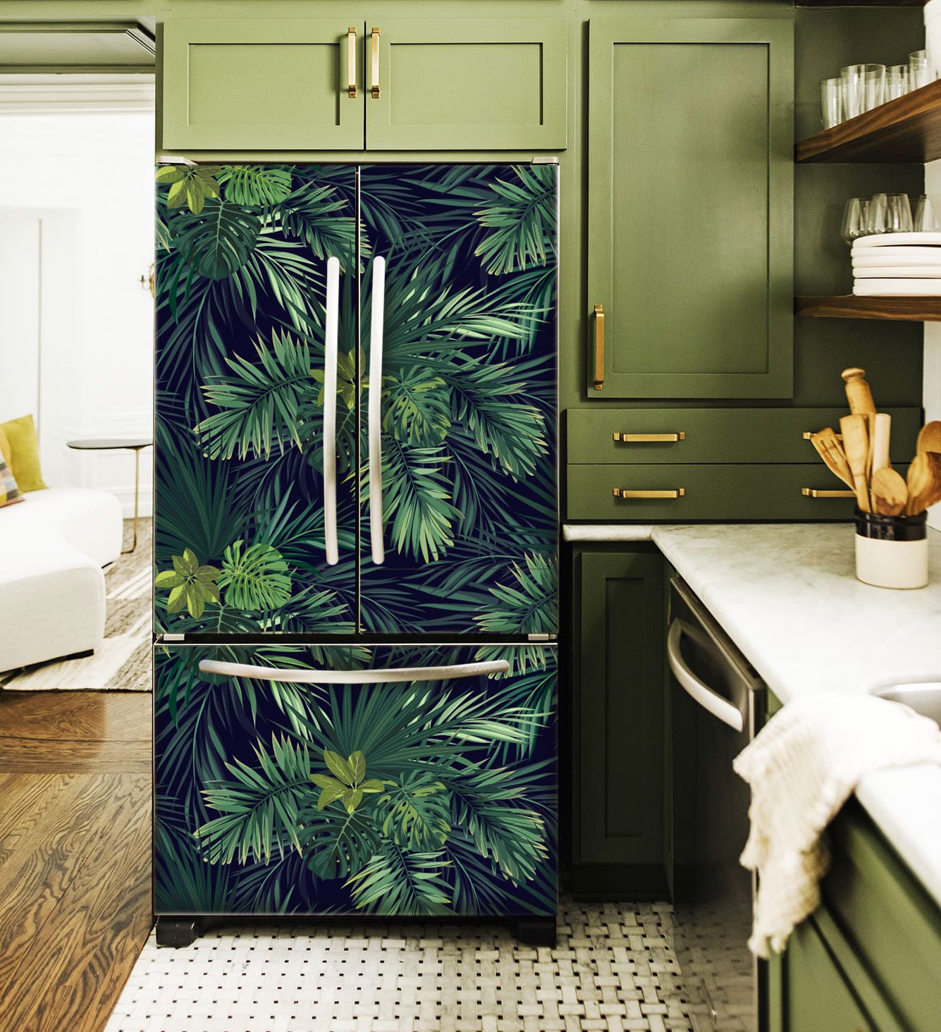 наклейка на холодильник фото квіти, вінілова наклейка на холодильник листя фото, наклейка на кухню листя фото