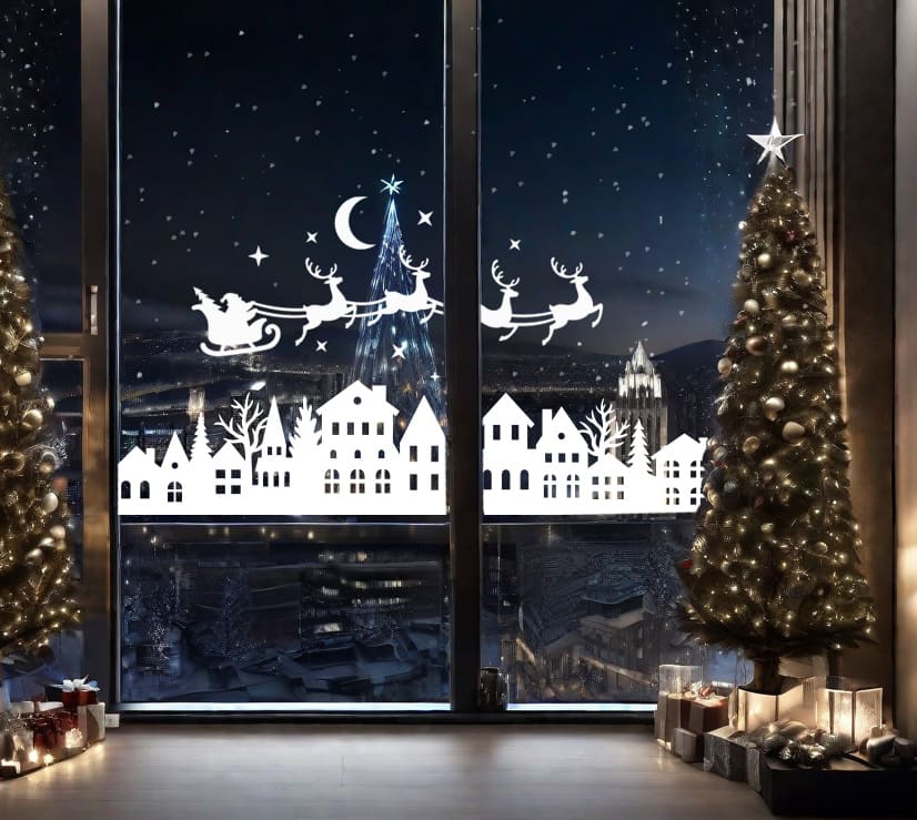 новогодние наклейки на витрины фото, наклейка зимний город на витрину фото, новогодний декор на окно, новогодняя наклейка на окно фото, фото зимний город на окно фото