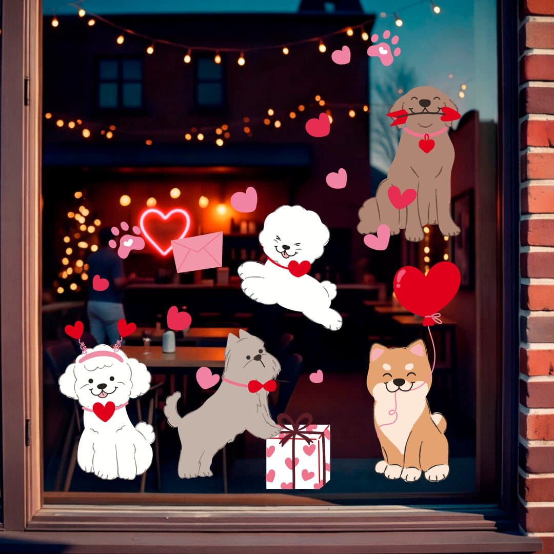 декор на день святого валентина фото, наклейки с песиками на окна фото, декор к 14 февраля фото, декор ресторана на 14 февраля фото, наклейки на окна сердца фото, наклейки на окна к Валентину фото, как украсить магазин на 14 февраля фото, украсить кафе на день святого валентина фото, праздничное оформление зоомагазина фото, наклейки на стекло для зоомагазина фото, купить декор на витрину фото, оформление витрин к празднику влюбленных фото, виниловые наклейки на стекло фото