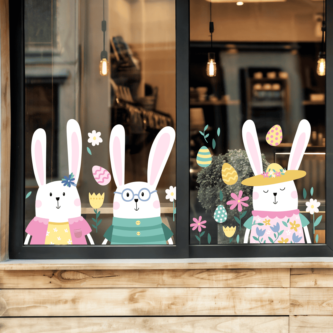 Пасхальные наклейки на окно фото, пасхальные наклейки на стекло фото, декор на Пасху фото, оформление витрин к Пасхе фото, весенний декор на окна фото, весенние наклейки на стекло фото, весенний декор для витрин фото, пасхальные зайчики наклейка фото, пасхальные зайцы декор фото, наклейки зайчики на стекло фото, декор с писанками на окно фото, пасхальные писанки декор фото, украшения на окна к Пасхе фото, весеннее оформление витрин фото, тематический декор на Пасху фото, наклейки на витрину зайцы фото, пасхальный декор интерьера фото, как оформить витрину к Пасхе фото, как украсить окно на Пасху фото, праздничные наклейки на окна фото, декор с цветами фото