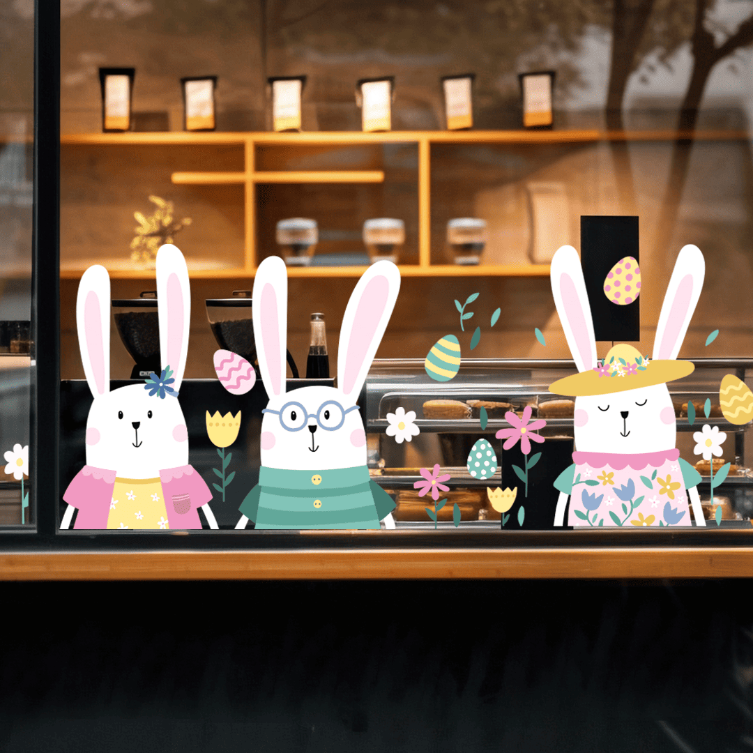 Пасхальные наклейки на окно фото, пасхальные наклейки на стекло фото, декор на Пасху фото, оформление витрин к Пасхе фото, весенний декор на окна фото, весенние наклейки на стекло фото, весенний декор для витрин фото, пасхальные зайчики наклейка фото, пасхальные зайцы декор фото, наклейки зайчики на стекло фото, декор с писанками на окно фото, пасхальные писанки декор фото, украшения на окна к Пасхе фото, весеннее оформление витрин фото, тематический декор на Пасху фото, наклейки на витрину зайцы фото, пасхальный декор интерьера фото, как оформить витрину к Пасхе фото, как украсить окно на Пасху фото, праздничные наклейки на окна фото, декор с цветами фото