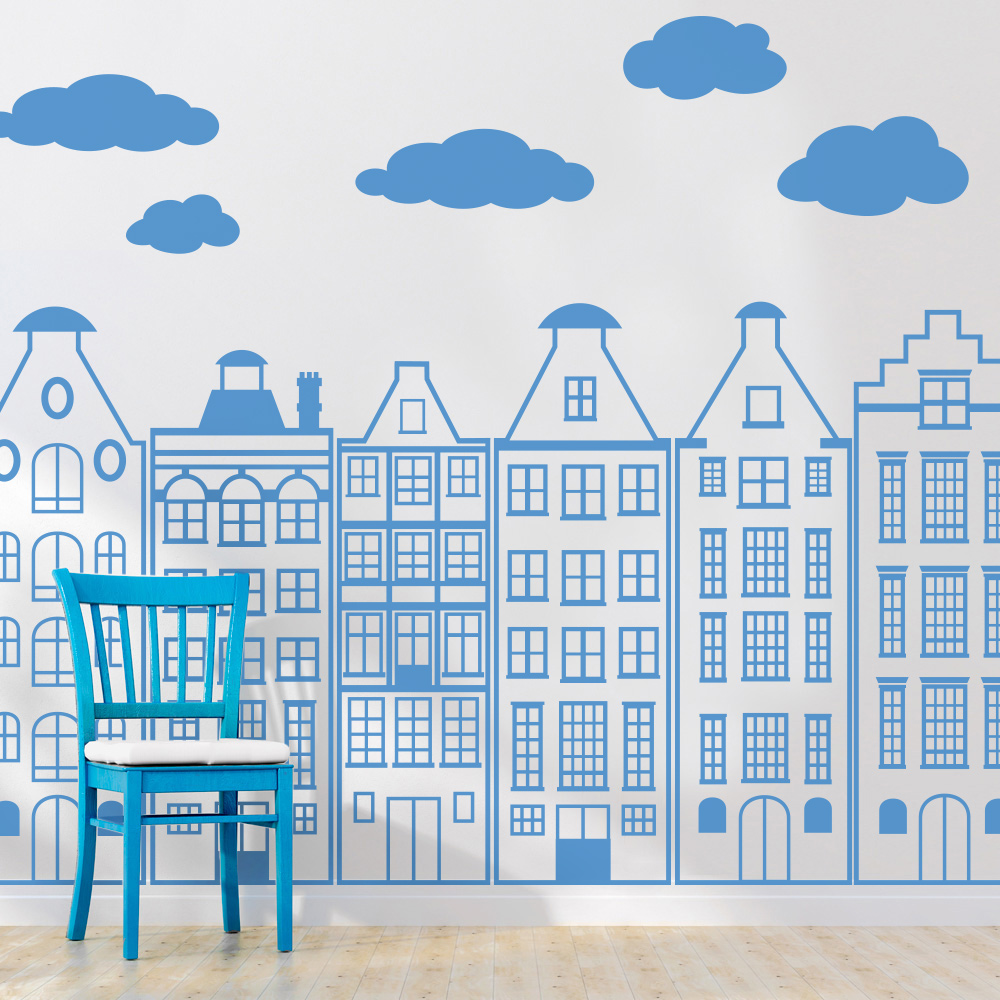 вінілова наклейка на стіни з будинками фото, фото наклейка на стіни Амстердам, наклейка на стіну будинок фото, наклейка місто фото