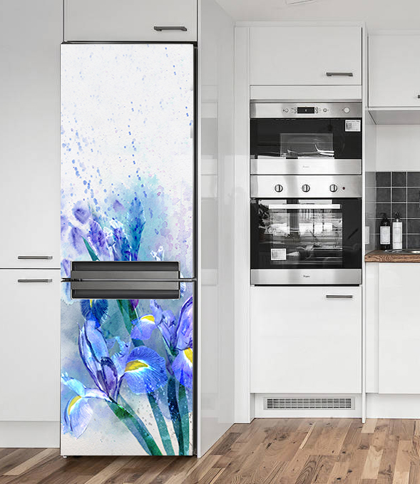 вінілова наклейка на холодильник іриси фото, наклейка на холодильник з квітами іриси фото, наклейка на холодильник в синіх кольорах фото