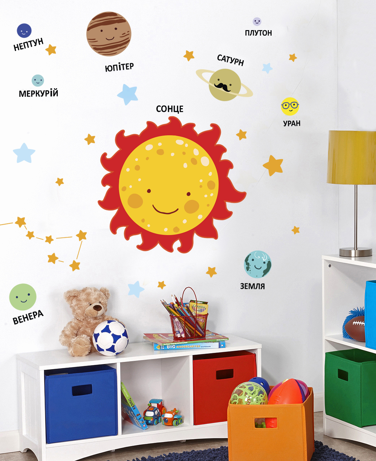 наклейка солнечная система фото, наклейка планеты фото, наклейка на стену солнце и планеты фото, наклейка для интерьера детские планеты фото