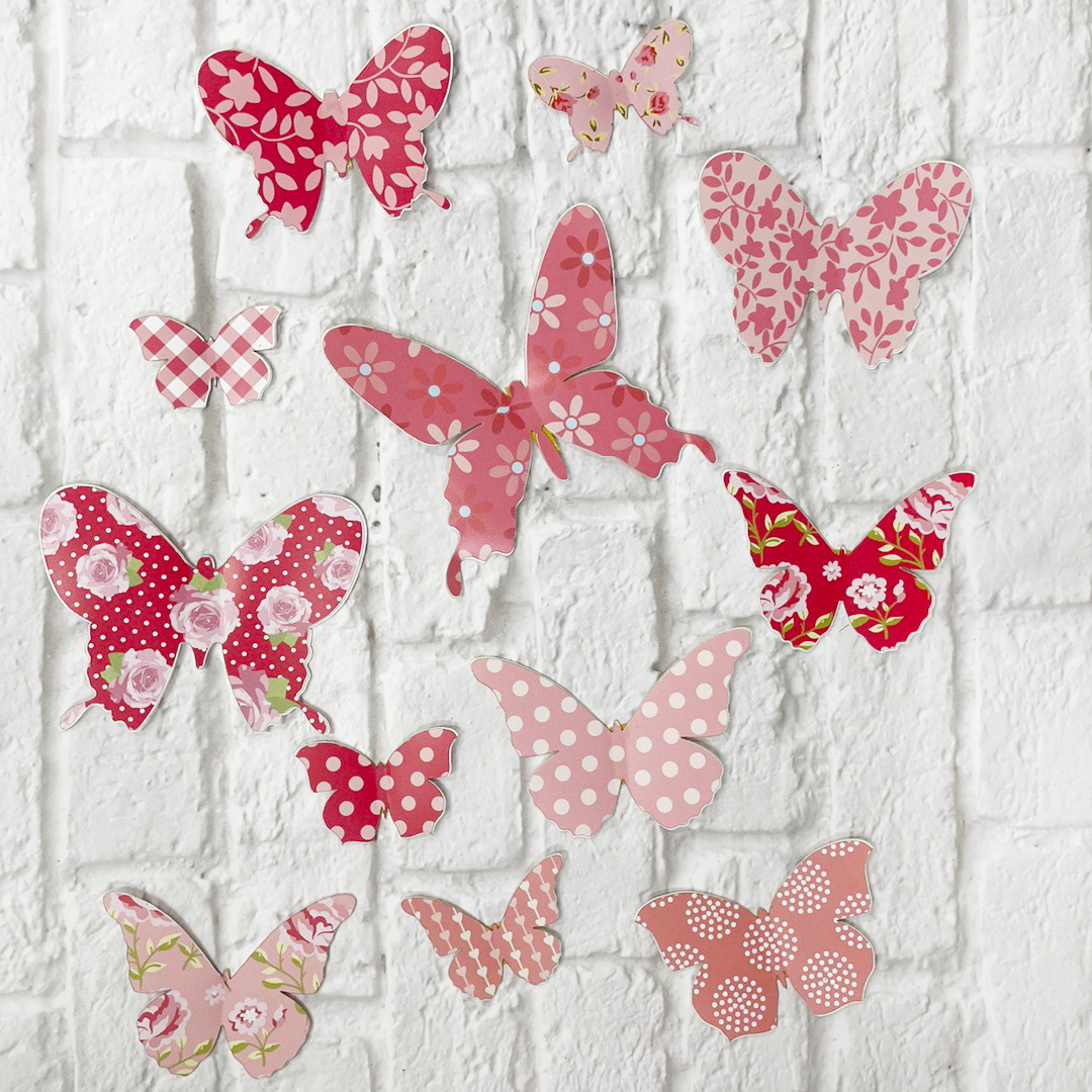наклейки 3 д на стены фото, декор стен бабочками 3д фото, розовые бабочки объемные фото