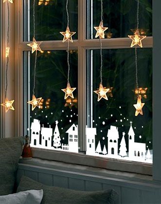 наклейка на окно, зимний город фото, новогодний декор